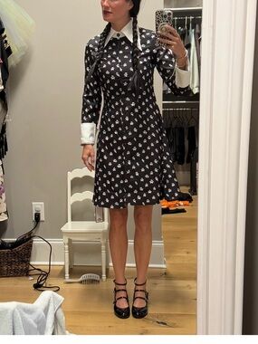 Black and White Skull Button-Up Dress with Contrast Collar